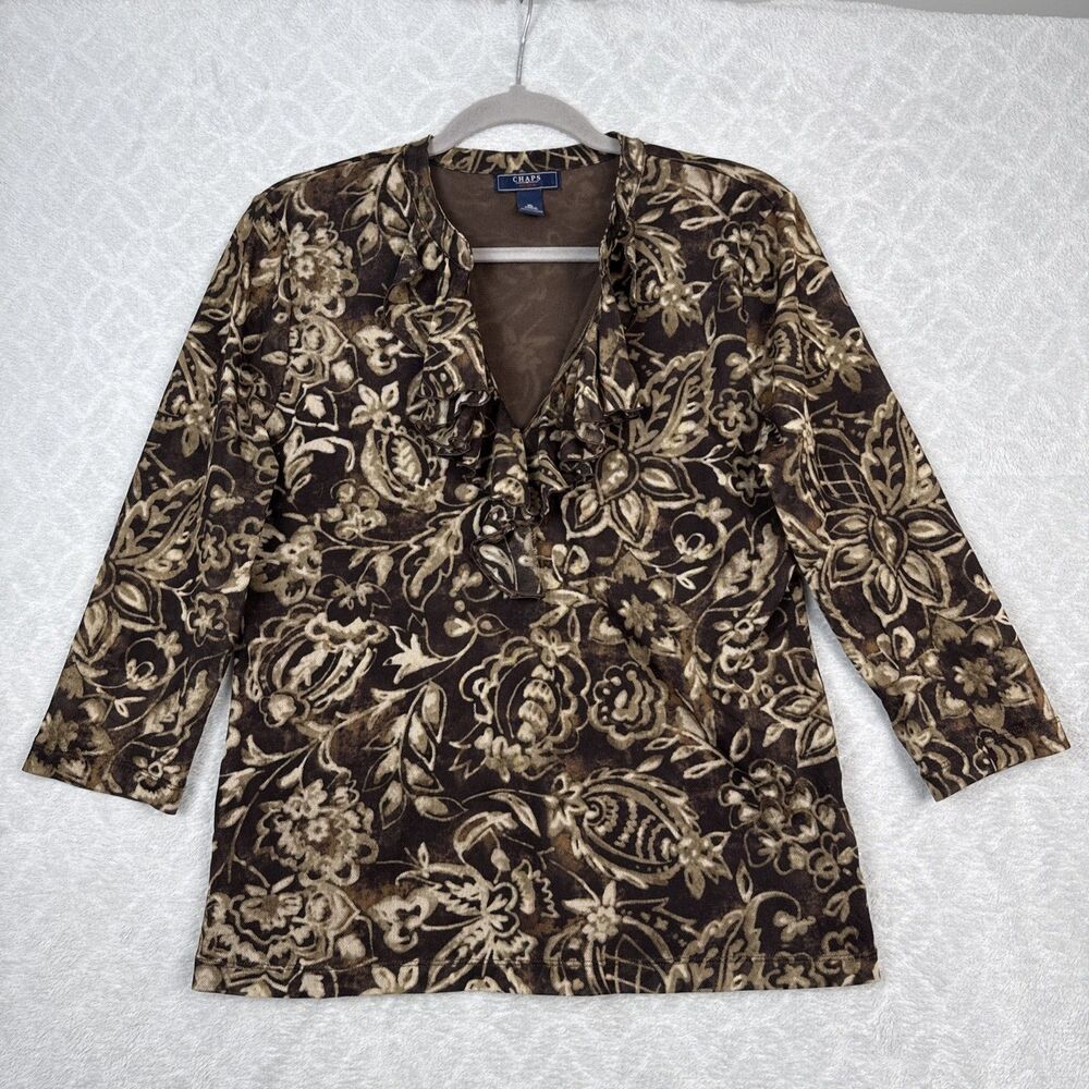 Vtg Y2K Chaps Mesh Top Womens XL Brown Floral Ruffle Whimsigoth Fairygrunge Boho